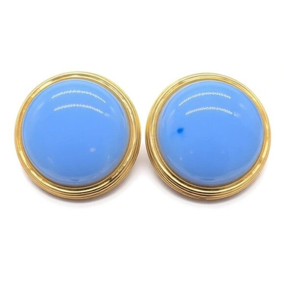 Vintage Liz Claiborne Blue Cabochon Clip-On Earrings Gold-Tone Round Design - Picture 1 of 8